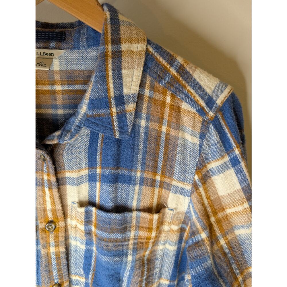 L.L. Bean Women's Flannel Shirt Blue Camel Plaid Button Down Large Regular - Picture 5 of 8